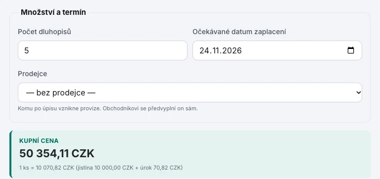 Snímek z ukázky aplikace Bondie: Formulář nové objednávky: 5 dluhopisů s datem zaplacení 24. 11. 2026, kupní cena 50 354,11 Kč a cena jednoho kusu 10 070,82 Kč jako jistina 10 000 Kč plus úrok 70,82 Kč