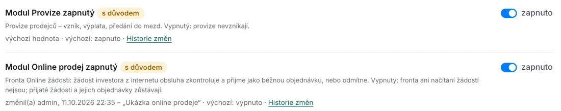 Snímek z ukázky aplikace Bondie: Správa, Nastavení, oddíl Moduly: přepínače modulů Provize a Online prodej, u každého popis, co přestane fungovat po vypnutí, štítek s důvodem a odkaz na historii změn, u Online prodeje i kdo a kdy modul zapnul