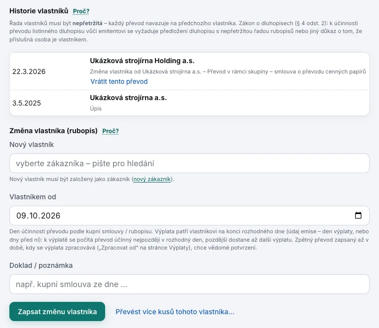 Snímek z ukázky aplikace Bondie: Detail dluhopisu: historie vlastníků s úpisem 3. 5. 2025 a převodem 22. 3. 2026 na nového vlastníka a pod ní formulář změny vlastníka s polem Vlastníkem od